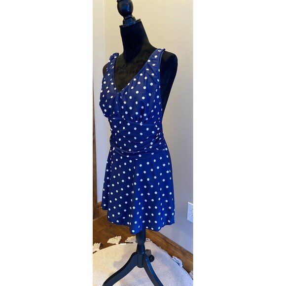 Swimsuit 2 Piece Plus 3X Modest Navy Polka Dot Rouching Separate Short Bottoms - Picture 4 of 12